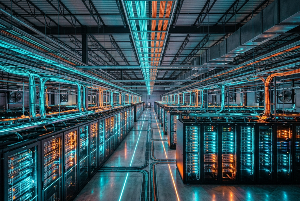 High-density cloud AI server rack infrastructure in data center running PyTorch models on alternative accelerator chips