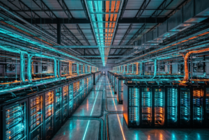 High-density cloud AI server rack infrastructure in data center running PyTorch models on alternative accelerator chips