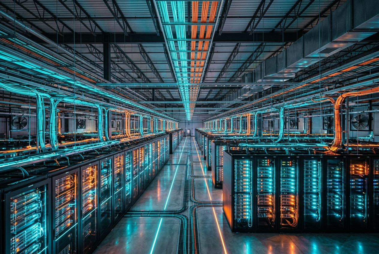 High-density cloud AI server rack infrastructure in data center running PyTorch models on alternative accelerator chips
