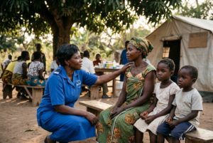 Community healthcare worker providing psychological support to families affected by Ebola outbreak in DR Congo