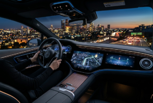 Modern connected vehicle smart dashboard display featuring Google Gemini AI voice assistant navigation and scheduling