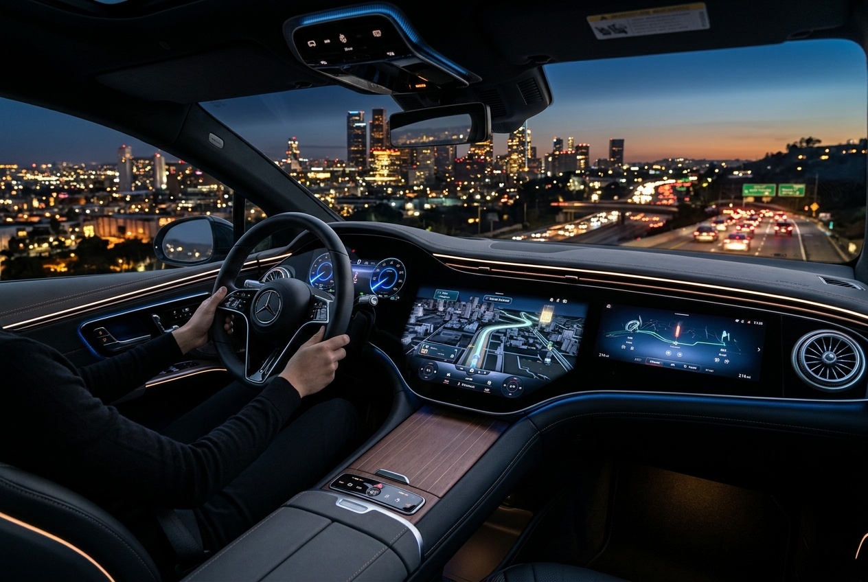 Modern connected vehicle smart dashboard display featuring Google Gemini AI voice assistant navigation and scheduling