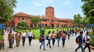 University of Delhi historic red-brick administrative campus building with applicants and academic staff walking on campus