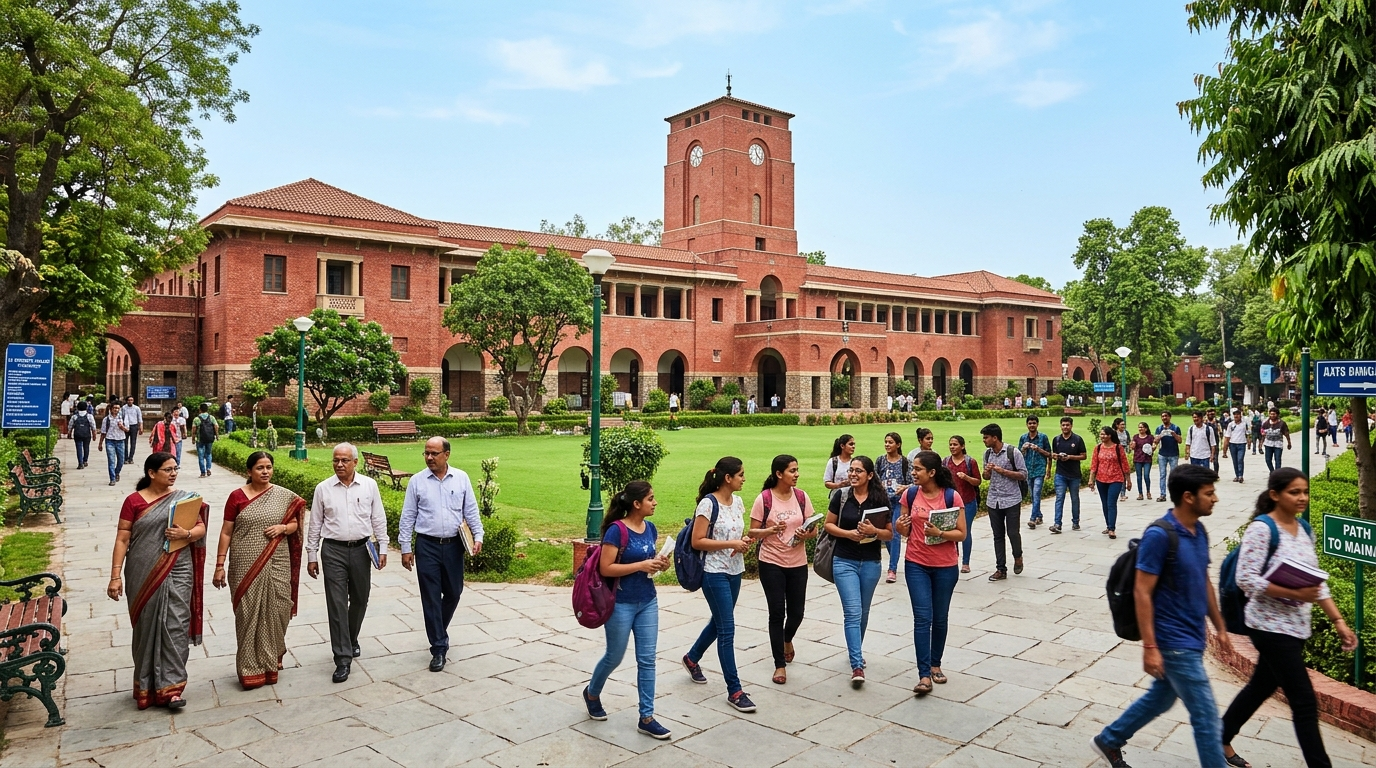 University of Delhi historic red-brick administrative campus building with applicants and academic staff walking on campus