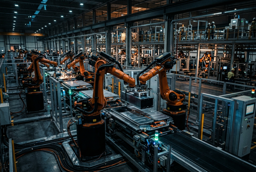 Automated electric vehicle lithium-ion battery assembly line inside automotive manufacturing facility near Detroit