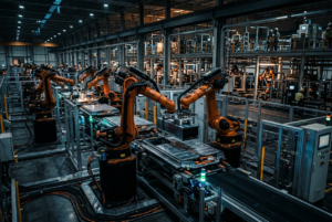 Automated electric vehicle lithium-ion battery assembly line inside automotive manufacturing facility near Detroit