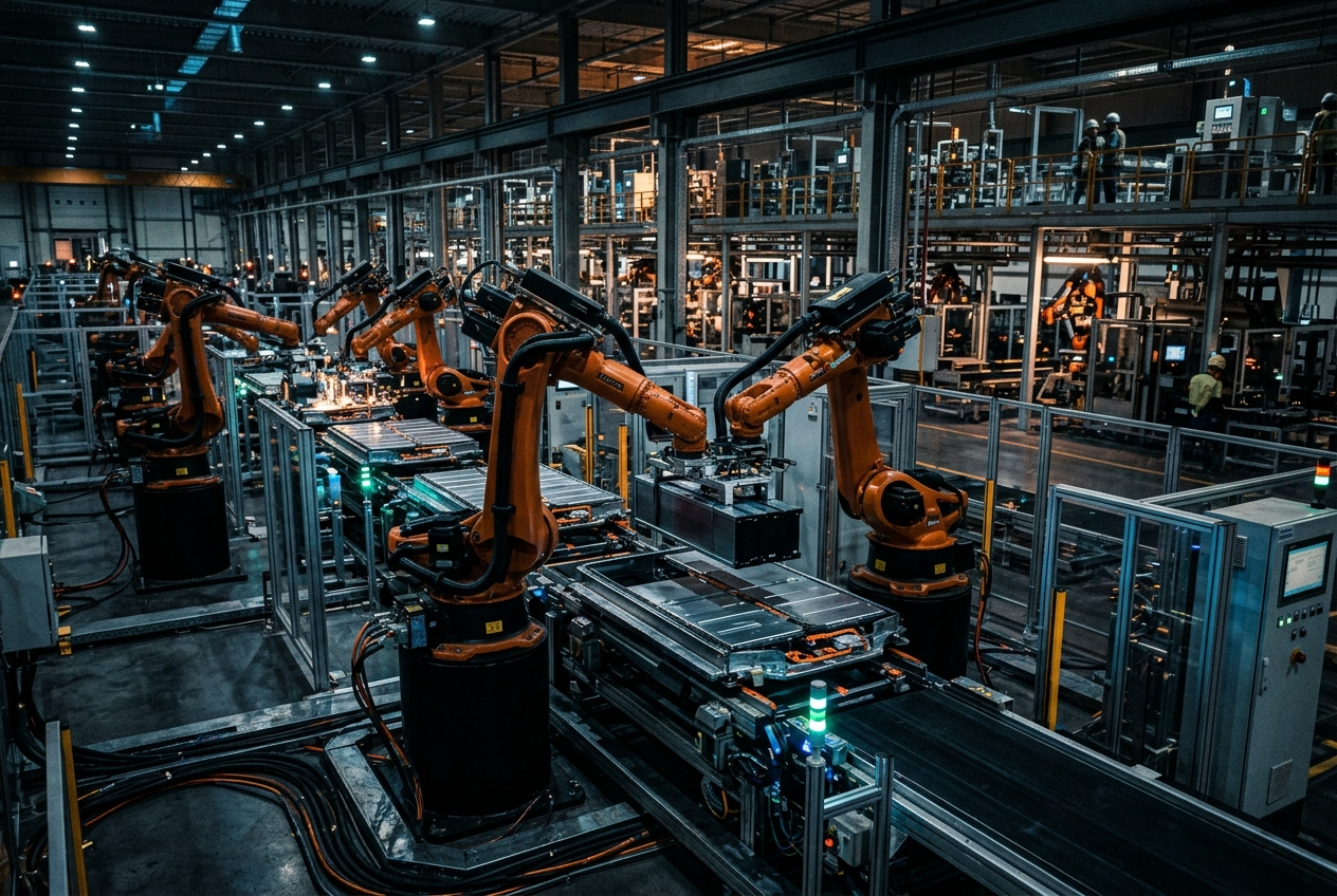 Automated electric vehicle lithium-ion battery assembly line inside automotive manufacturing facility near Detroit