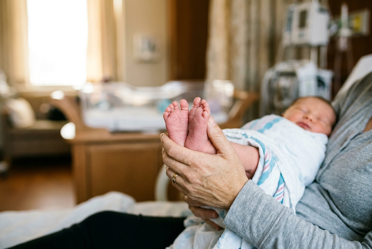 Newborn baby resting peacefully in maternity hospital celebrating miraculous fertility preservation after ovarian tumour treatment