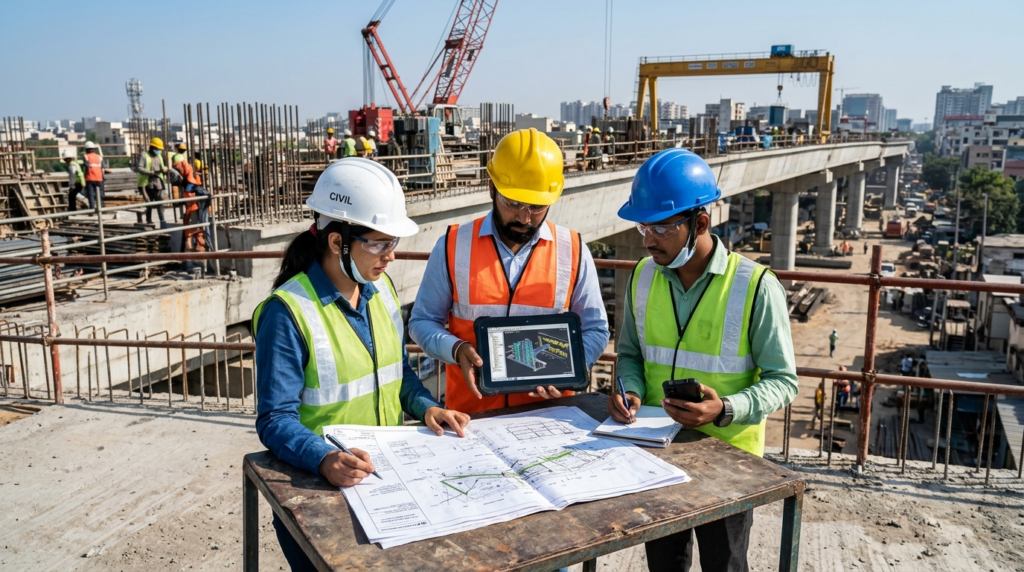 Indian civil and mechanical engineers reviewing public sector undertaking infrastructure recruitment blueprints and technical tablet on site