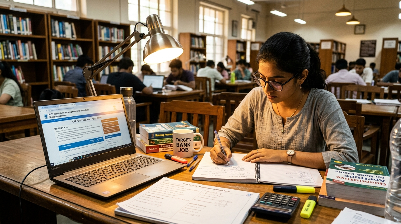 Bank exam candidate studying IBPS examination materials with laptop open to official banking job recruitment portal