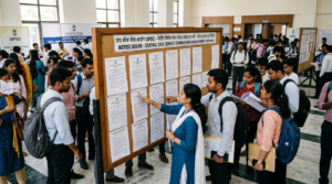 Official central government examination board notice board with job seekers reading latest recruitment gazette notifications