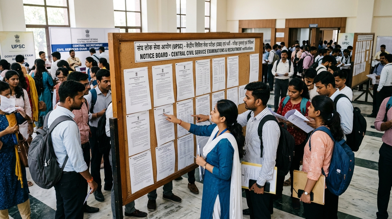 Official central government examination board notice board with job seekers reading latest recruitment gazette notifications