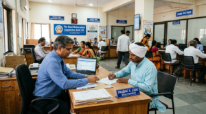 Kendrapara Urban Cooperative Bank branch office with branch manager assisting banking applicants at the desk