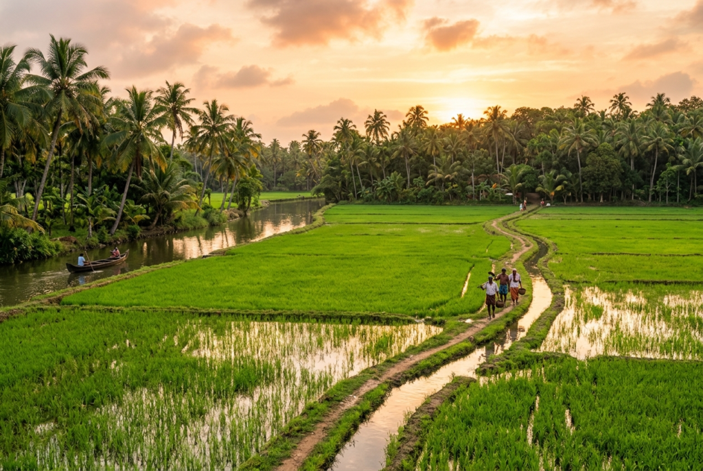 Lush green agricultural paddy wetland fields in Kerala threatened by real estate conversion and development