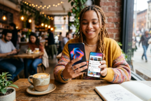 Smartphone displaying Meta Muse AI companion mobile app interface alongside viral app download growth statistics