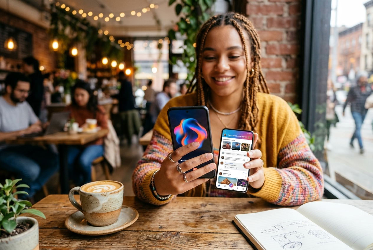 Smartphone displaying Meta Muse AI companion mobile app interface alongside viral app download growth statistics