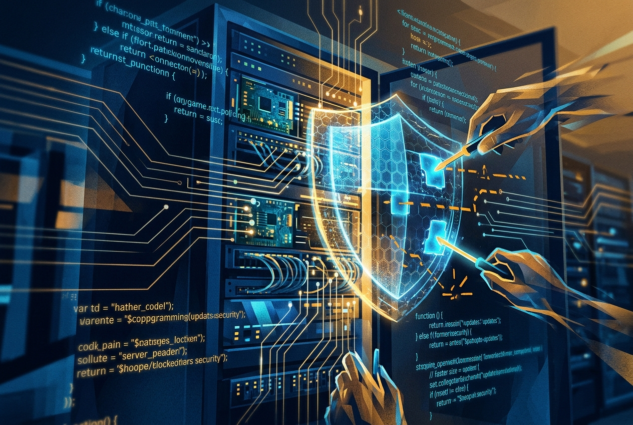 Software security vulnerability alert concept displaying secure server code patching and web application firewall defenses