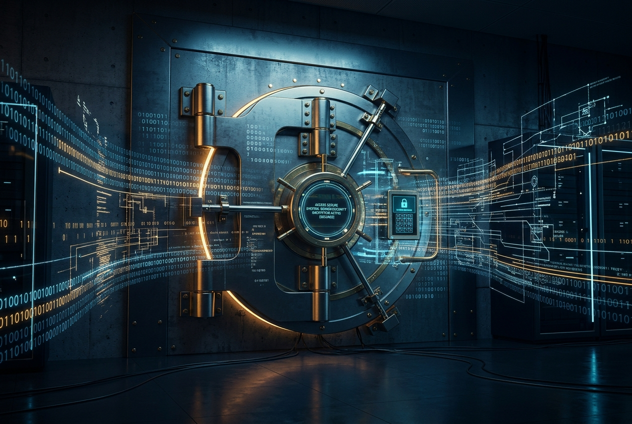 Digital banking cybersecurity visualization illustrating encrypted bank server data monitoring and dark web threat detection
