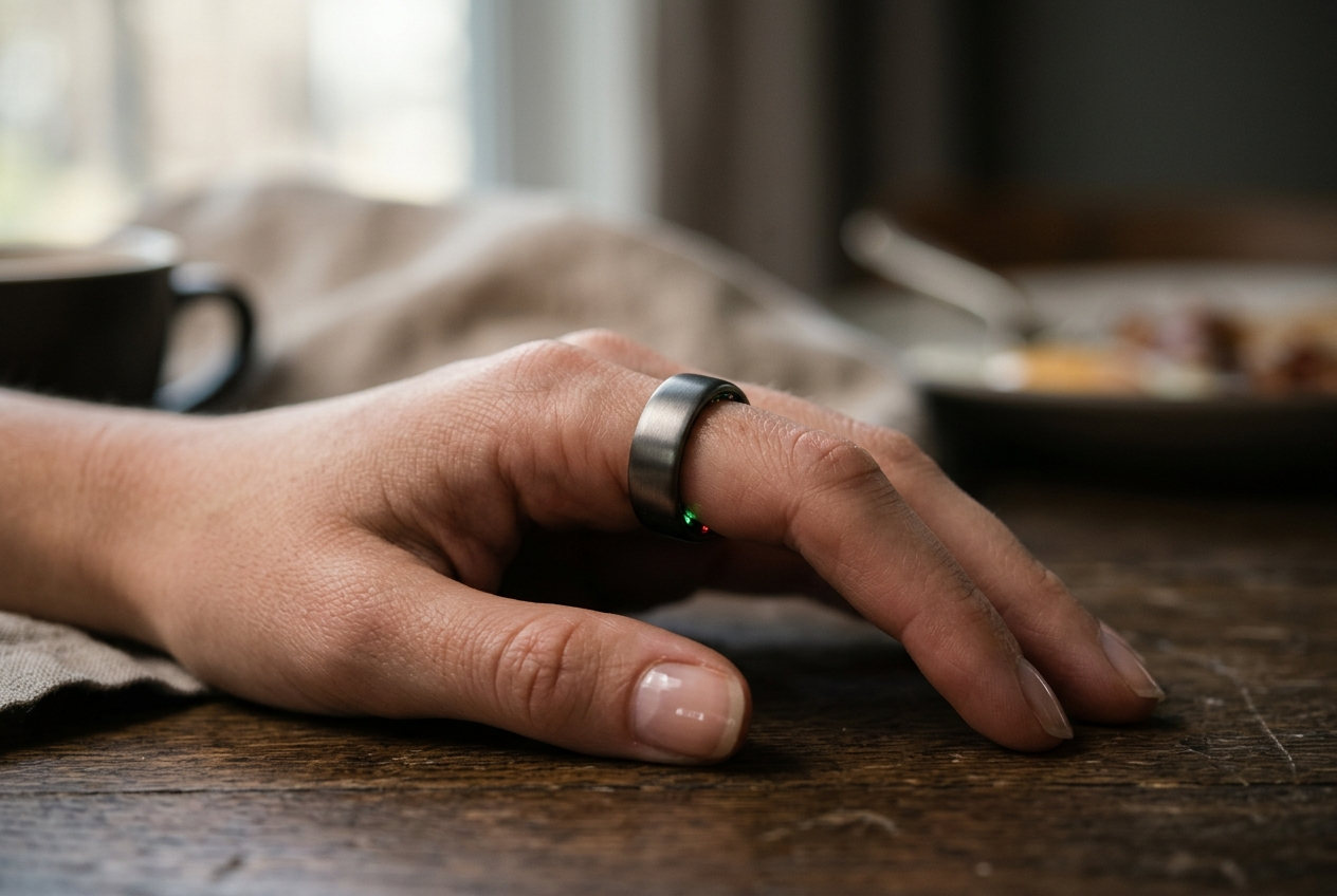 Titanium smart ring wearable fitness tracker on user finger tracking health metrics alongside smartphone health app