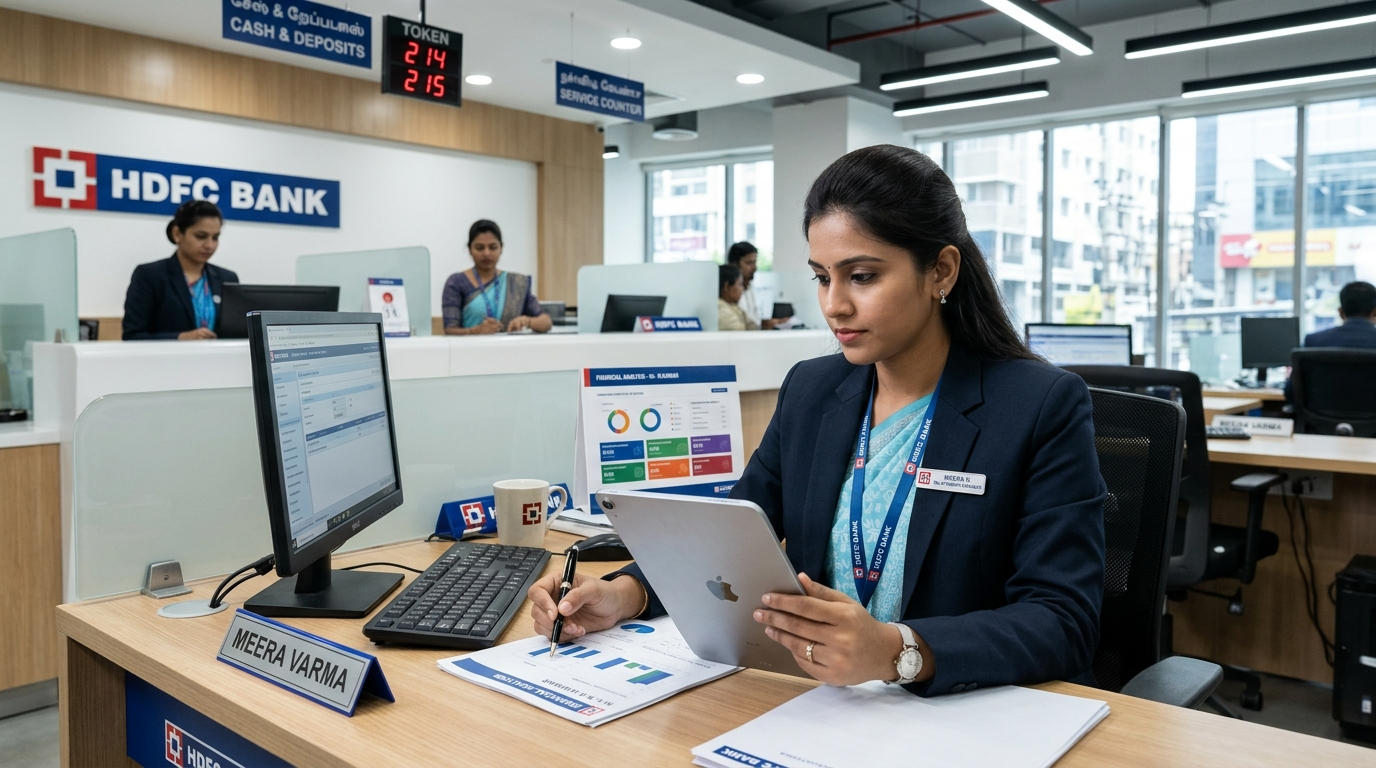 South Indian Bank branch counter with bank officer reviewing applicant financial documents and digital tablet
